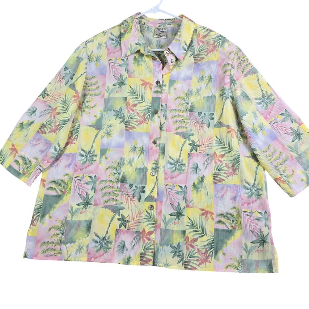 Vintage Allison Daley Hawaiian Button Shirt Women's 18 Yellow Textured Tropical